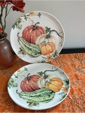 BICO Hand Painted Autumn Harvest Pumpkin 11” Dinner Plates - Set of 2 Fall